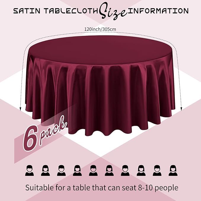 6 Packs Satin Tablecloth 120 Inch Burgundy Round Table Cloth Silk Tablecloth - Image 2
