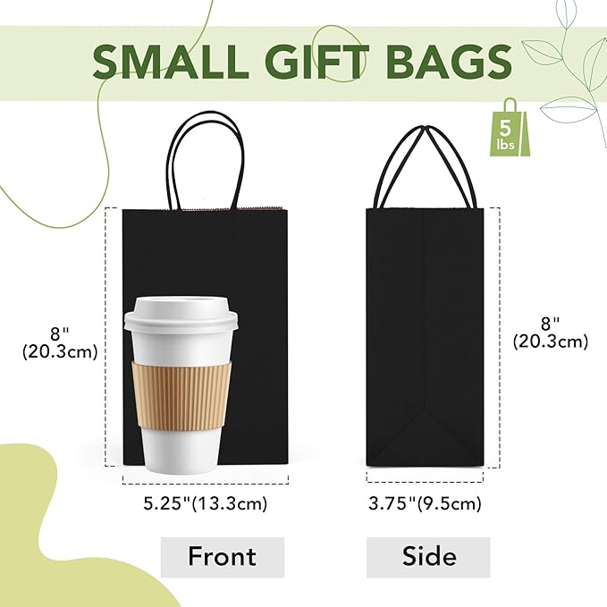 MESHA Kraft Gift Bags 200 Pack 5.25x3.75x8 Inch Small Black Paper Bags - Image 2