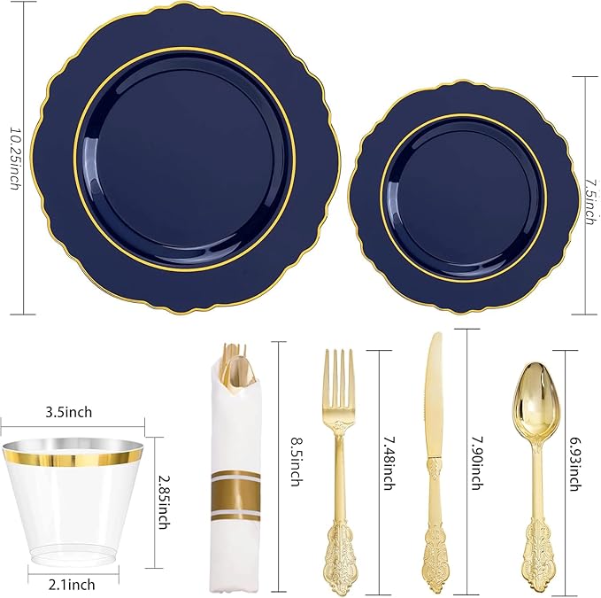 Liacere 350PCS Navy Blue Plastic Plates-Disposable Blue Gold Plates 50guest - Image 2