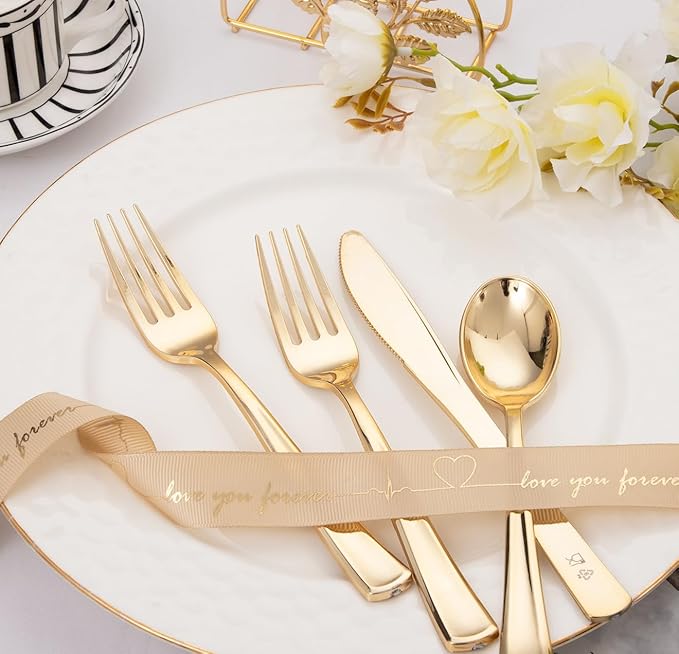 SUT 600PCS Gold Plastic Silverware, Plastic Silverware heavy duty, Disposable - Image 3