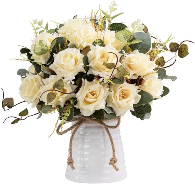 LESING Artificial Rose with Vase, Fake Silk Flowers Bouquets in Vase Table by LESING
