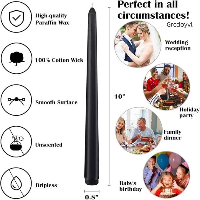 14 Unscented Black Taper Candle, 10 inch Tall and 3/4 inch Thick, 7.5 hrs Clean - Image 2