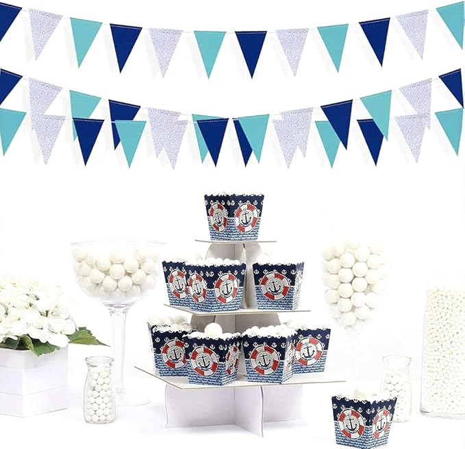 30 Ft Navy Blue Silver Pennant Banner Royal Blue Hanging Paper Triangle Bunting - Image 4