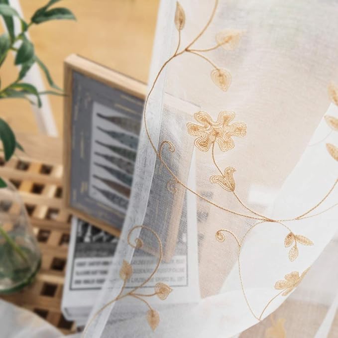 Embroidery Sheer Curtains Gold 63 Inch Length, Rod Pocket Voile Drapes - Image 4