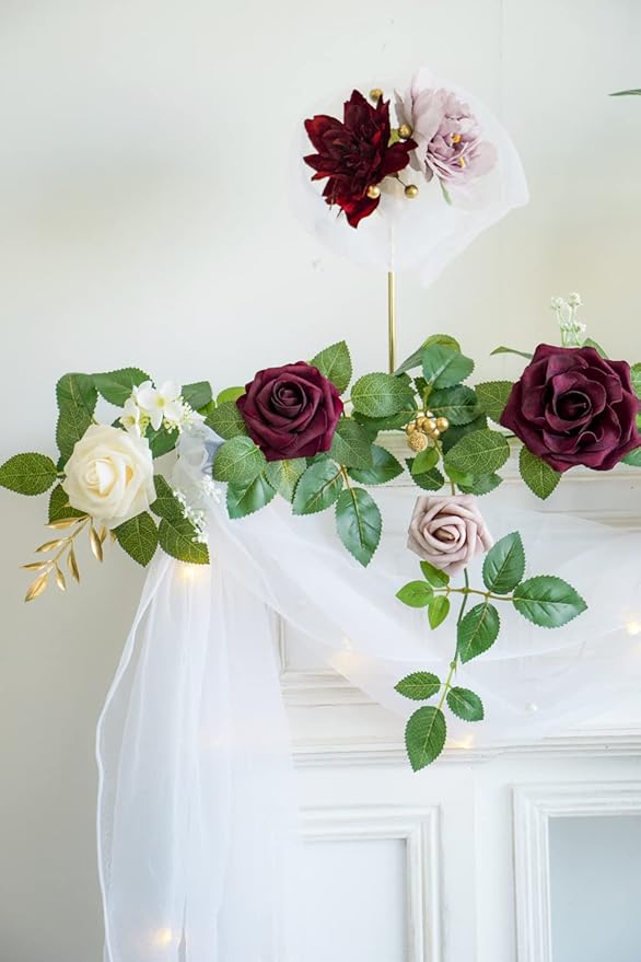 PONATIA 5FT Handcrafted Burgundy Artificial Rose Garland, Dusty Rose Flowers - Image 3