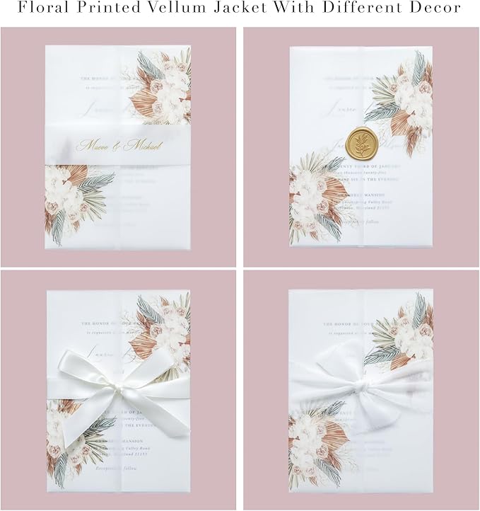 PONATIA 50PCS Vellum Jackets for 5x7 Invitation Cards- 135GSM Boho Flowers - Image 3