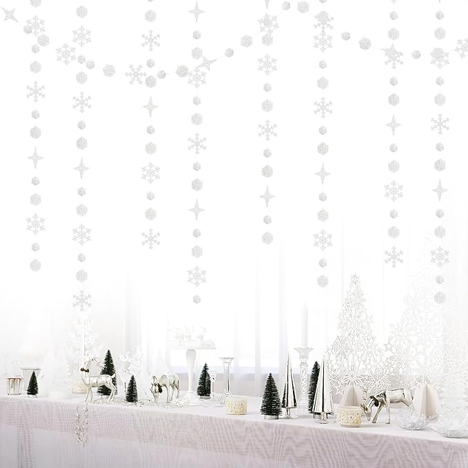 Snowflake-Snow White-Silver Christmas Party-Decorations Streamers - 52Ft White - Image 6