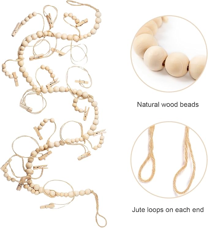 Hanging Photo Display with 18 Wood Clips, Boho Wooden Bead Wall Décor - Image 4