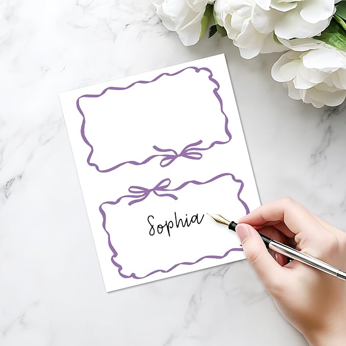 25 Pack Purple Bow Wave Place Cards, Editable Name Cards - Image 3