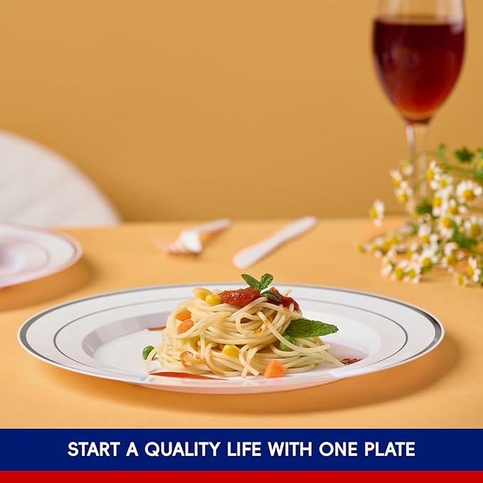 JOLLY CHEF 100 Pieces Silver Plastic Plates, 10 Inch Elegant Disposable White - Image 6