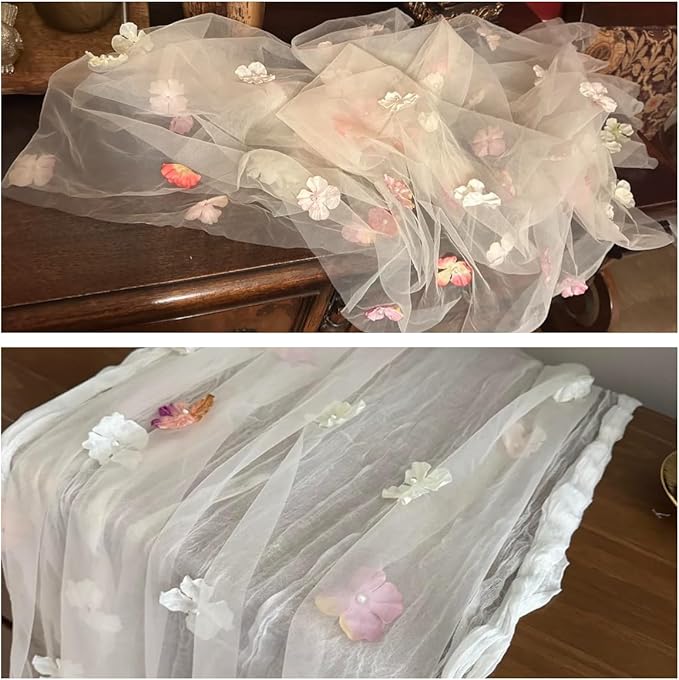 Romantic Artificial Floral Table Runner 10ft Gauze Tulle Lace Table Runner Set - Image 4