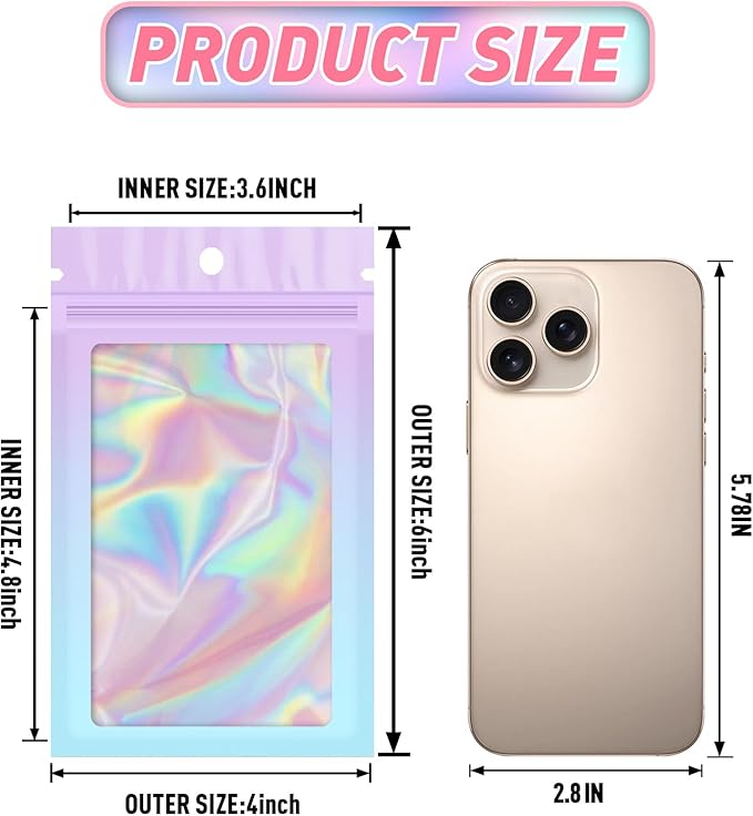 Funfery 100 Pack Holographic Bags, Mylar Resealable Bags - Image 2
