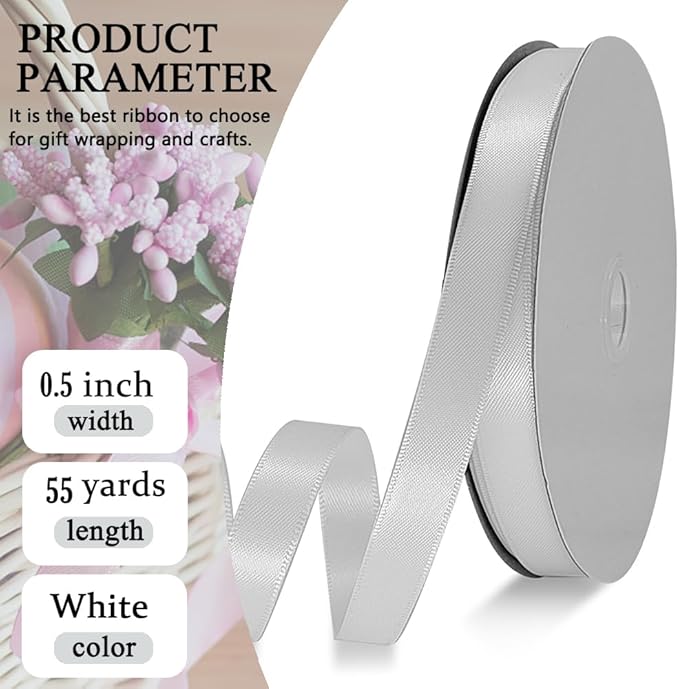 White Satin Ribbon Double Faced Satin 1/2 inch x 55 Yards Polyester Ribbon - Image 2