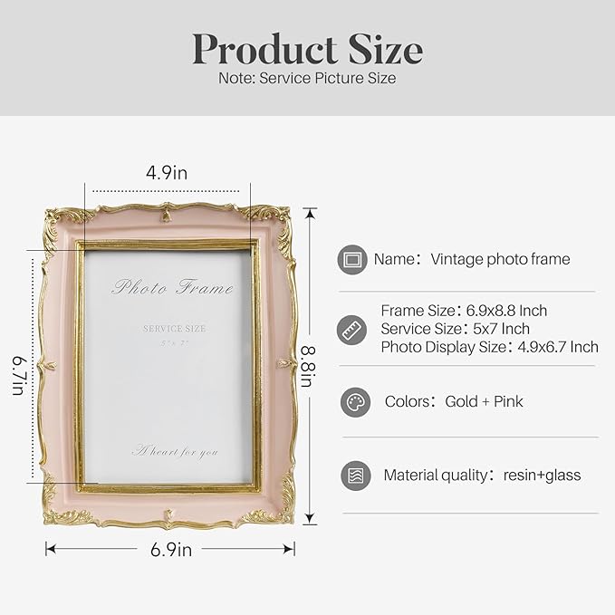 Cuspin Vintage Pink 5x7 Picture Frame, Ornate Textured Hand-Crafted Resin Frame - Image 6