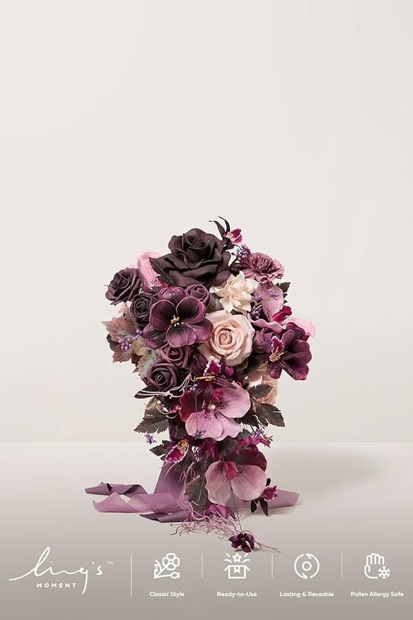 Ling's moment Purple Bridal Bouquet Cascading, Plum Wedding Bouquets - Image 2