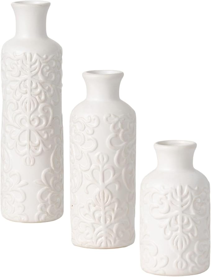Sullivans Small White Embossed Ceramic Vase Set of 3, Matte Finish, Vases by Sullivans