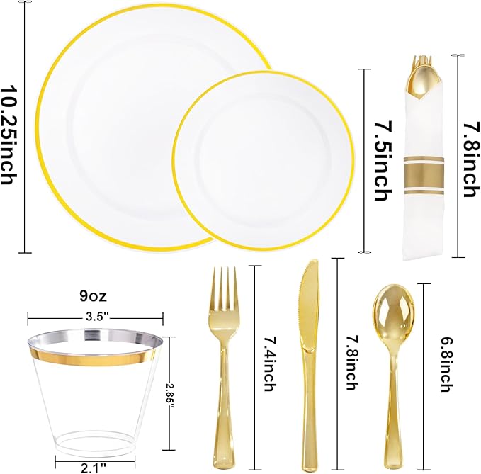 SUT 175 Pcs White and Gold Plastic Plates, Plastic Dinnerware Set - Image 3