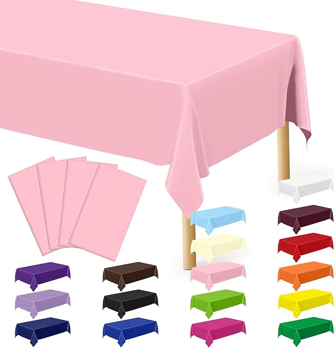 4 PCS Plastic Table Cloth Disposable, 54 x 108 Inches Pink Tablecloth, Plastic by QZYL