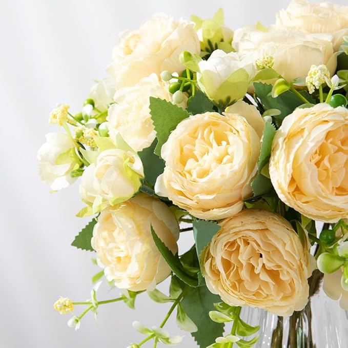 Artificial Peonies Silk Flowers in Glass Vase Faux Flowers Bouquets Modern - Image 2