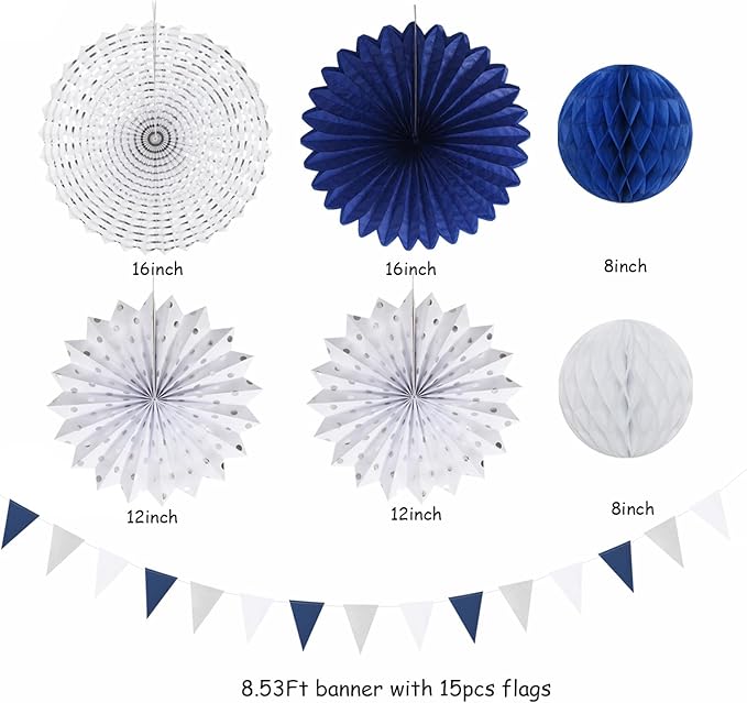 Navy-Blue White Silver Party-Decorations - Image 2