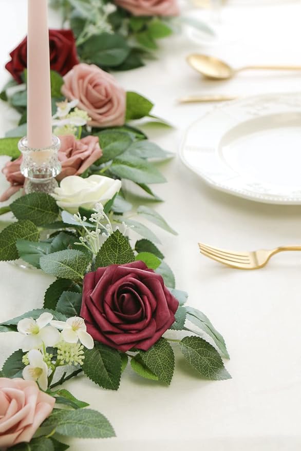 PONATIA 5FT Burgundy Artificial Flowers Garland, Dusty Rose Flowers Garland - Image 4