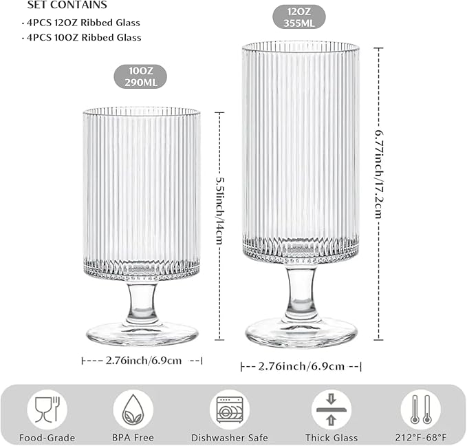 INSETLAN Set of 8 Ribbed Glass Goblets–4 Goblets Glassware 12oz, 4 Short Stem - Image 2