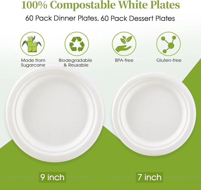 ECOLipak 120 Pack Compostable Paper Plates, 9 inch and 7 inch Heavy Duty - Image 2