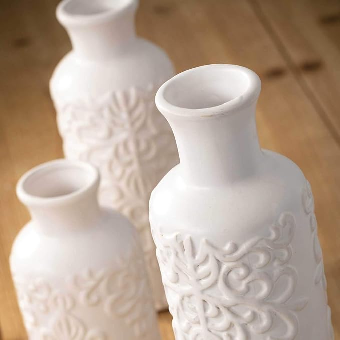Sullivans Small White Embossed Ceramic Vase Set of 3, Matte Finish, Vases - Image 6