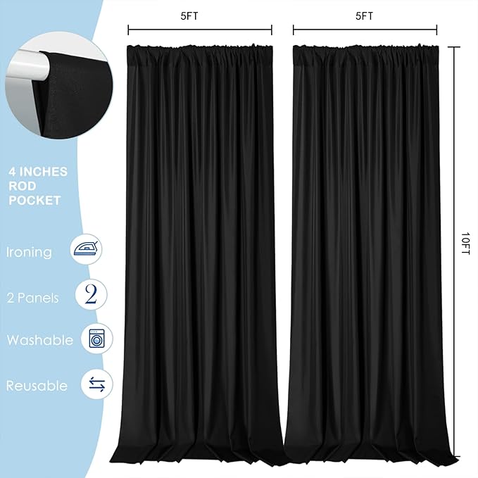 Sugargirl 10x10FT Black Backdrop Curtains Polyester Photo Backdrop Drapes - Image 6