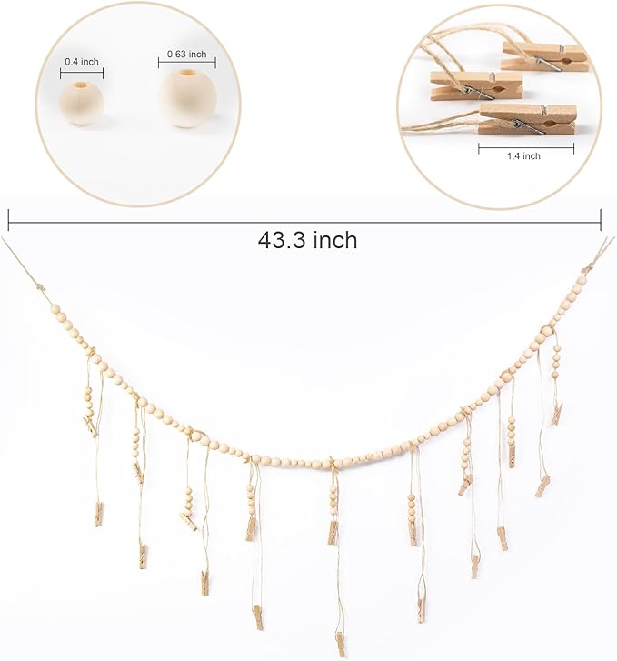 Hanging Photo Display with 18 Wood Clips, Boho Wooden Bead Wall Décor - Image 6