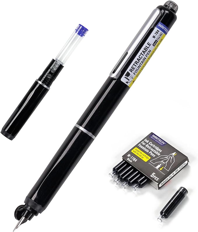 WRITECH Retractable Fountain Pen Set: Fine Nib Black Ink Pens Includes 5 Ink by WRITECH