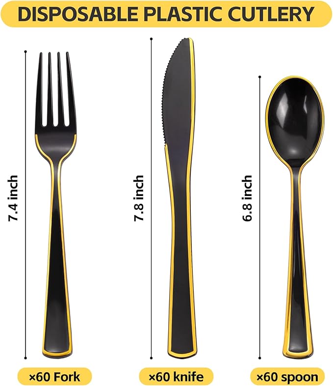 WDF 180 Pieces Black and Gold Plastic Silverware -Halloween Black Plastic - Image 7