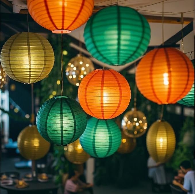 Green Orange Paper Lanterns Decorative 15pcs Party Hanging Decorations - Image 2