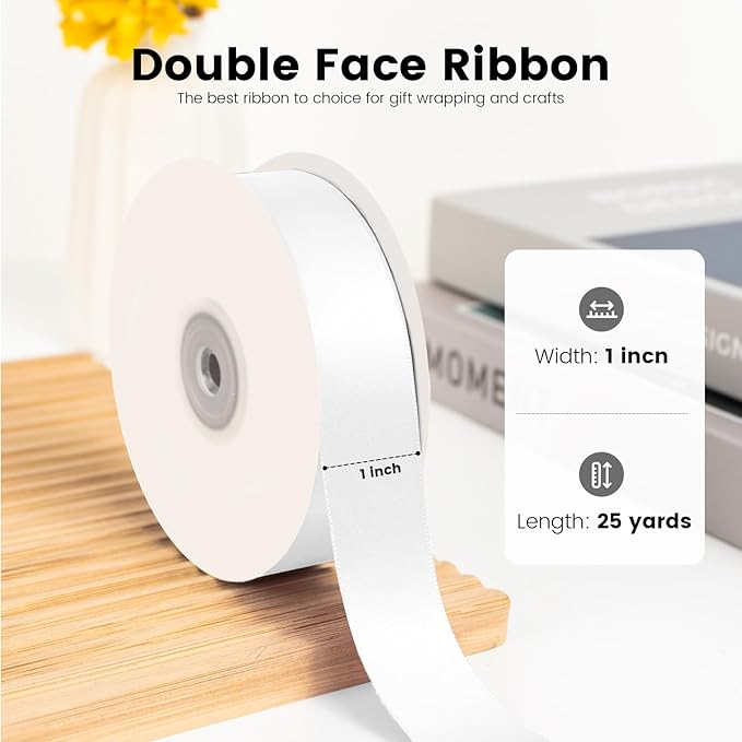 Double Face White Satin Ribbon 1 inch X 25 Yards Polyester White Ribbon - Image 2