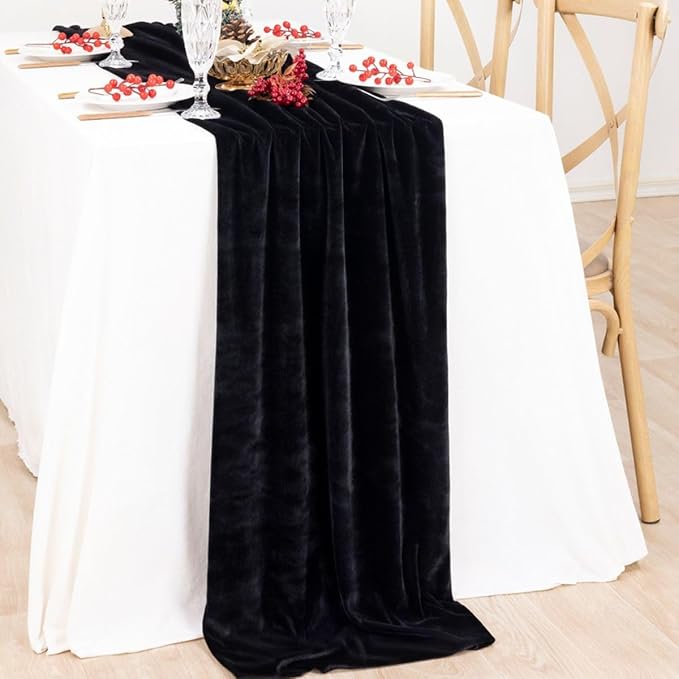 MLMC 2 Pack Black Velvet Table Runner 10ft Glossy Luxury Velvet Fall Table - Image 6