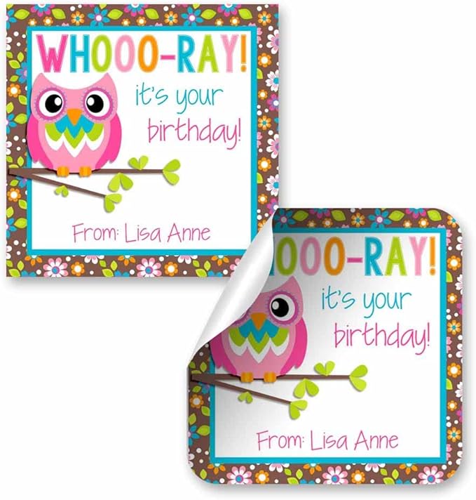 Custom & Personalized Colorful Floral Owl Happy Birthday Gift Tag Sticker Labels by AmandaCreation