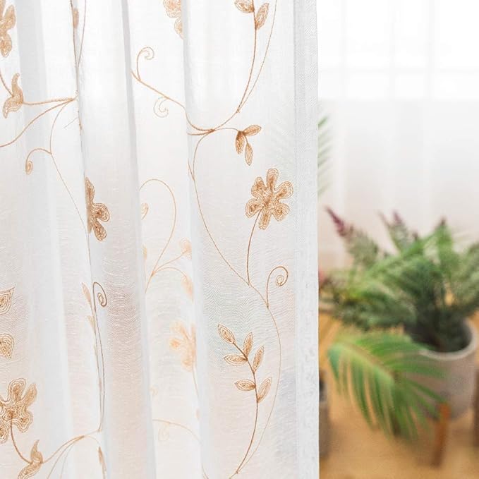 Sheer Curtains Gold 45 Inch Length, Floral Embroidered Rod Pocket Voile Drapes - Image 5