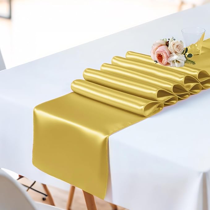 SHEJIZE 2 Pack Light Gold Satin Table Runner 12x108 Inches Long, Bright Silky - Image 7