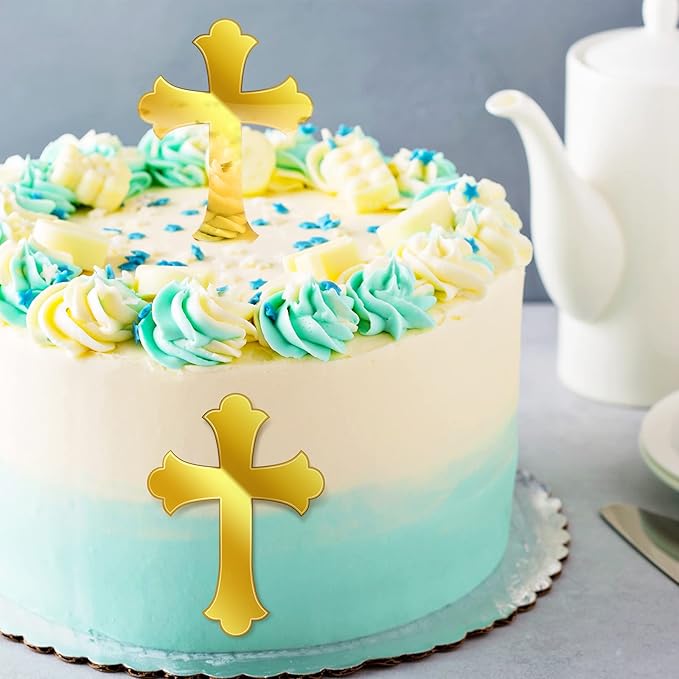 Blulu 16 Pieces Baptism Cake Toppers Crossing Cupcake Toppers Gold Mirror - Image 3