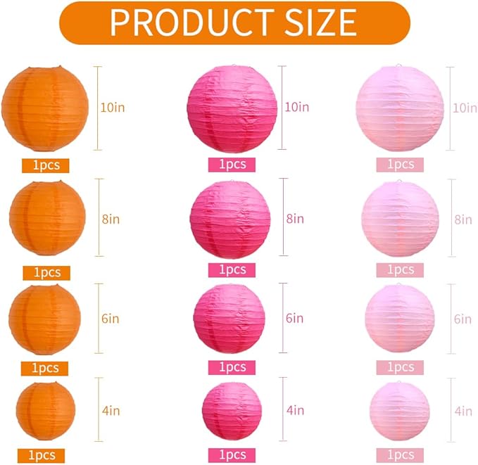 BEISHIDA 12Pcs Pink Orange Paper Lanterns Decorative Hanging Round Paper - Image 2