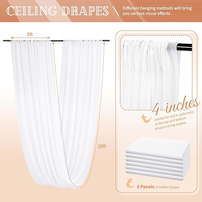 6 Panels White Ceiling Drapes for Wedding 5ftx20ft Sheer Drapery Chiffon Fabric - Image 2