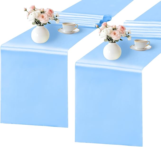 SHEJIZE 2 Pack Light Blue Satin Table Runner 12x108 Inches Long, Bright Silky by SHEJIZE