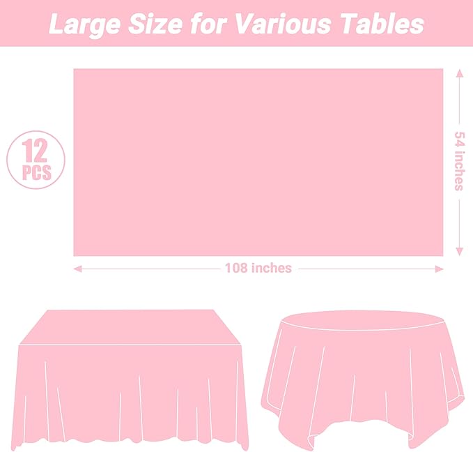 QZYL 12 PCS Pink Table Cloth Rectangle, Plastic Disposable Tablecloths - Image 2