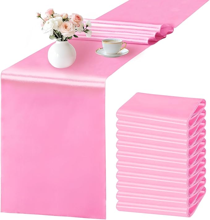 SHEJIZE 10 Pack Pink Satin Table Runner 12x108 Inches Long, Bright Silky Smooth by SHEJIZE