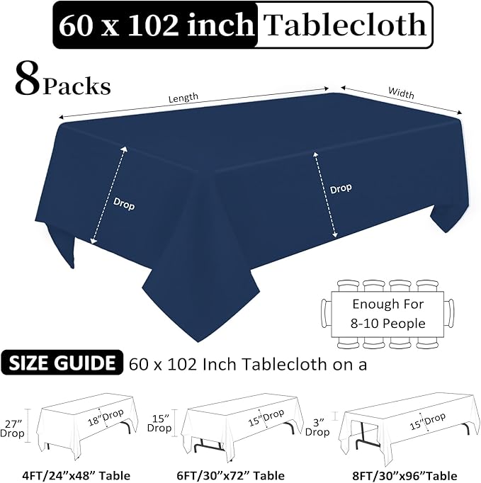 8 Pack Navy Blue Tablecloth 60 x 102 Inch Rectangular Tablecloths - Image 2