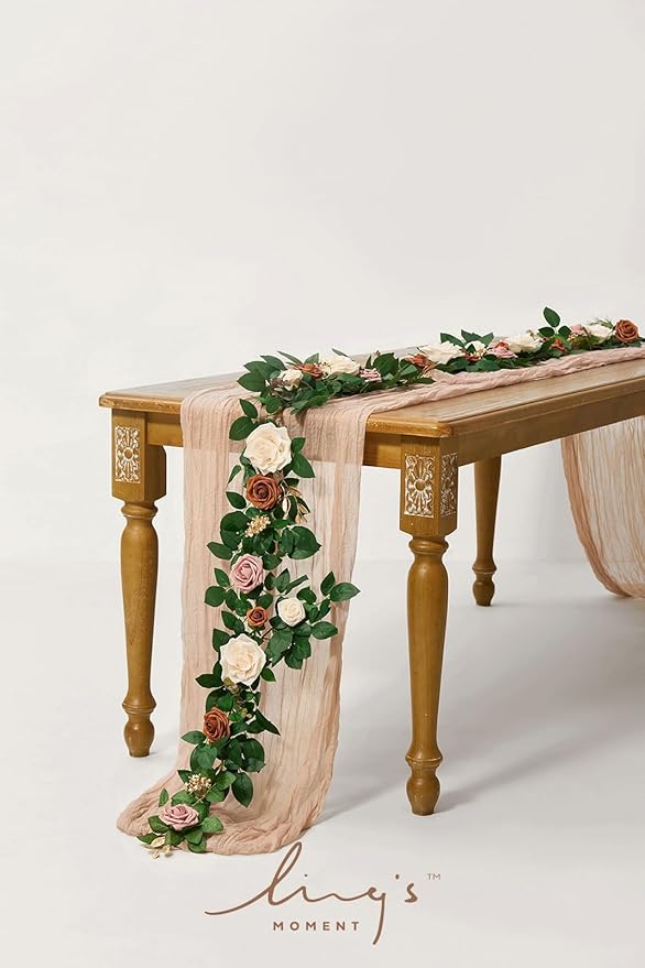 Ling's moment 5FT Artificial Flower Garland Rust Rose Leaves Floral Garland - Image 2
