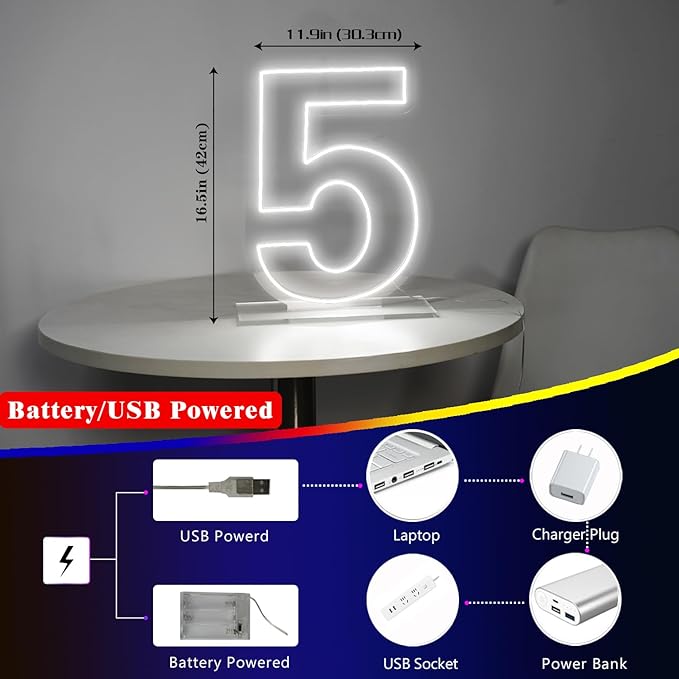 Number 5 Neon Sign for Birthday, 16.54" Cool White USB Battery Powered Led Neon - Image 3