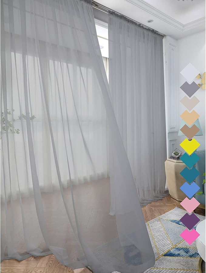 Window Grey Sheer Curtains 48 Inches Width 145 Inches Long 2 Panels Sheer by L%26TEC