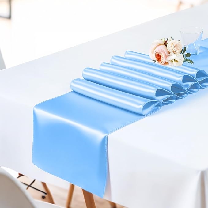 SHEJIZE 10 Pack Light Blue Satin Table Runner 12x108 Inches Long, Bright Silky - Image 7