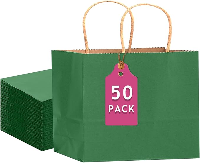 qiqee 50-Packs Kraft Deep Green Paper Gift Bags by Qiqee